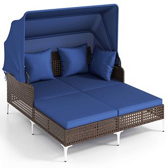 Costway Outdoor Rattan Double Daybed with Retractable Canopy & Seat Back Cushions