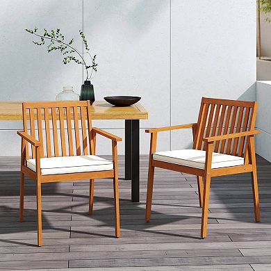 Costway Patio Dining Chairs with Removable Padded Cushion Armrests Acacia Wood