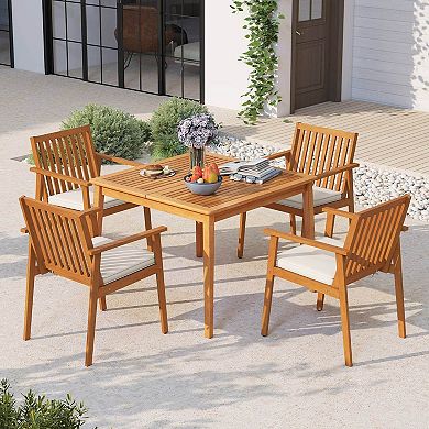Costway Patio Dining Chairs with Removable Padded Cushion Armrests Acacia Wood