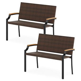 Costway Patio Wicker Loveseat Chair with Acacia Wood Armrests & Metal Frame for Backyard