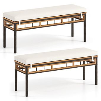 Costway 48” Wicker Patio Bench with Acacia Wood Seat Removable Padded Cushion for Garden