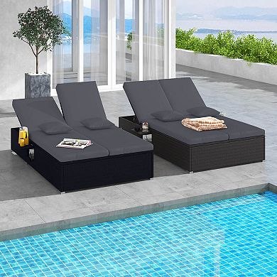 Costway Outdoor Patio Daybed PE Wicker Double Chaise Lounge with Adjustable Backrests