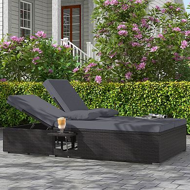 Costway Outdoor Patio Daybed PE Wicker Double Chaise Lounge with Adjustable Backrests