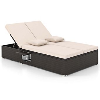 Costway Outdoor Patio Daybed PE Wicker Double Chaise Lounge with Adjustable Backrests