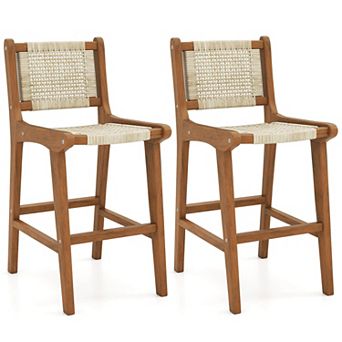 Costway Outdoor Counter Height Bar Stool with Teak Wood Frame Back &Footrest for Balcony