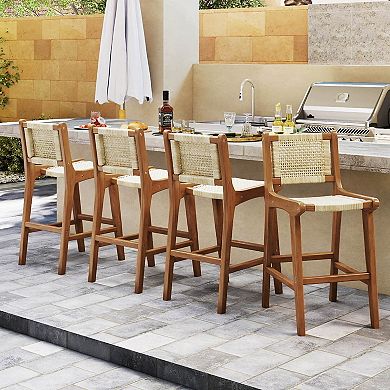 Costway Outdoor Counter Height Bar Stool with Teak Wood Frame Back &Footrest for Balcony