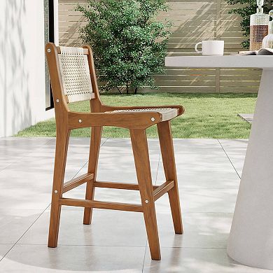 Costway Outdoor Counter Height Bar Stool with Teak Wood Frame Back &Footrest for Balcony
