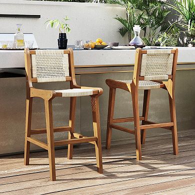 Costway Outdoor Counter Height Bar Stool with Teak Wood Frame Back &Footrest for Balcony