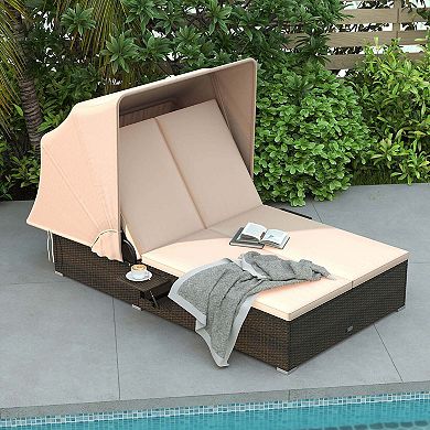 Costway 2-person Rattan Lounge Bed with Retractable Canopy 5-position Adjustable Backrest