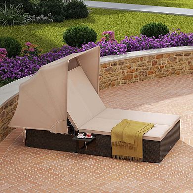 Costway 2-person Rattan Lounge Bed with Retractable Canopy 5-position Adjustable Backrest
