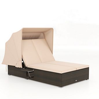 Costway 2-person Rattan Lounge Bed with Retractable Canopy 5-position Adjustable Backrest