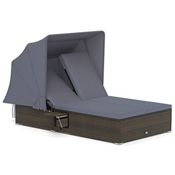 Costway 2-person Rattan Lounge Bed with Retractable Canopy 5-position Adjustable Backrest
