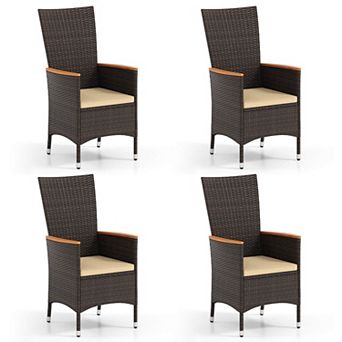 Costway Patio Rattan Chairs with High Backrest & Acacia Wood Armrests, Cushion