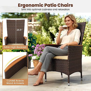 Costway Patio Rattan Chairs with High Backrest & Acacia Wood Armrests, Cushion