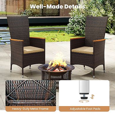 Costway Patio Rattan Chairs with High Backrest & Acacia Wood Armrests, Cushion