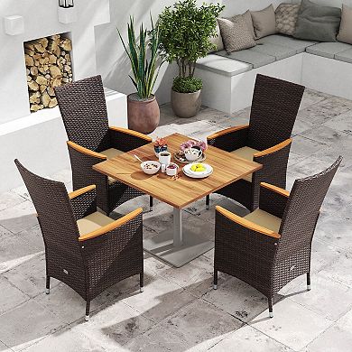 Costway Patio Rattan Chairs with High Backrest & Acacia Wood Armrests, Cushion