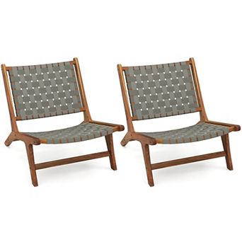Costway Patio Teak Wood Chair with Nylon Webbing Seat & Back for Backyard, Porch, Balcony