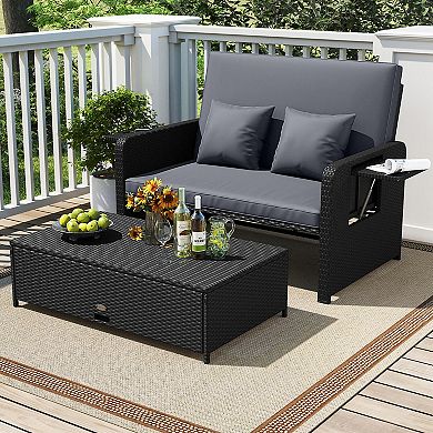 Costway Patio Rattan Loveseat Set Daybed Lounge Storage Ottoman Side Tables Adjust