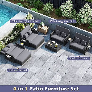 Costway Patio Rattan Loveseat Set Daybed Lounge Storage Ottoman Side Tables Adjust