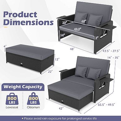 Costway Patio Rattan Loveseat Set Daybed Lounge Storage Ottoman Side Tables Adjust