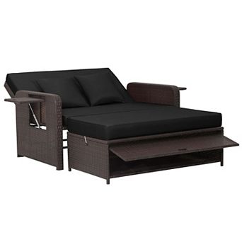 Costway Patio Rattan Loveseat Set Daybed Lounge Storage Ottoman Side Tables Adjust