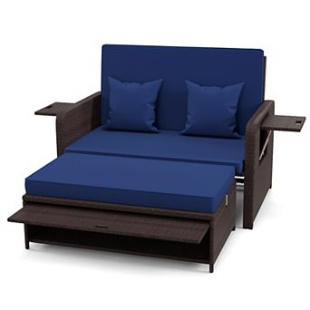 Costway Patio Rattan Loveseat Set Daybed Lounge Storage Ottoman Side Tables Adjust