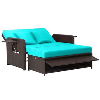 Costway Patio Rattan Loveseat Set Daybed Lounge Storage Ottoman Side Tables Adjust