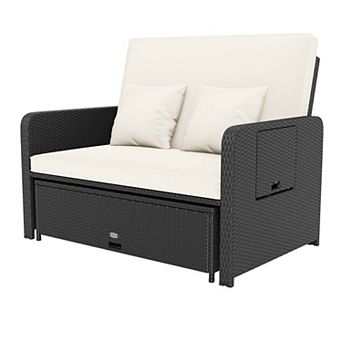 Costway Patio Rattan Loveseat Set Daybed Lounge Storage Ottoman Side Tables Adjust