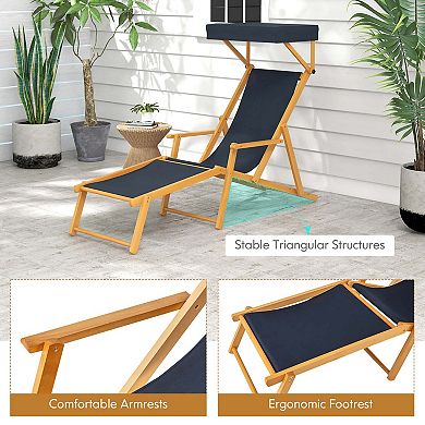 Costway Birch Wood Chaise Lounge Chair with Adjustable Canopy Reclining Backrest & Footrest