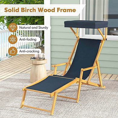 Costway Birch Wood Chaise Lounge Chair with Adjustable Canopy Reclining Backrest & Footrest