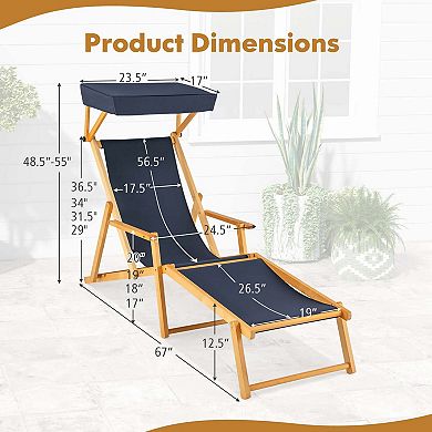Costway Birch Wood Chaise Lounge Chair with Adjustable Canopy Reclining Backrest & Footrest