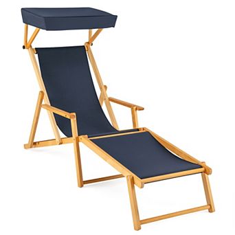 Costway Birch Wood Chaise Lounge Chair with Adjustable Canopy Reclining Backrest & Footrest
