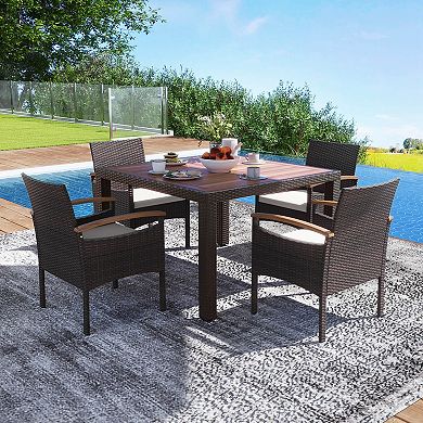 Costway Patio Dining Chairs with Acacia Wood Armrest Heavy Duty Metal Frame