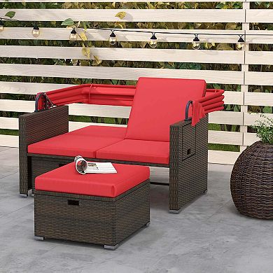Costway Outdoor Patio Rattan Daybed with Retractable Canopy & Adjustable Backrests