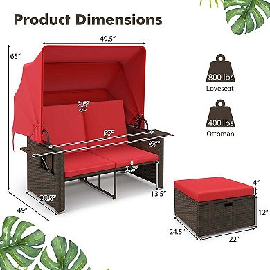 Costway Outdoor Patio Rattan Daybed with Retractable Canopy & Adjustable Backrests