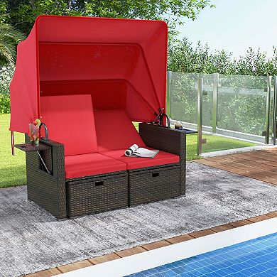 Costway Outdoor Patio Rattan Daybed with Retractable Canopy & Adjustable Backrests