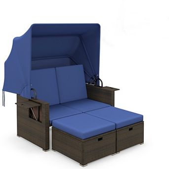 Costway Outdoor Patio Rattan Daybed with Retractable Canopy & Adjustable Backrests