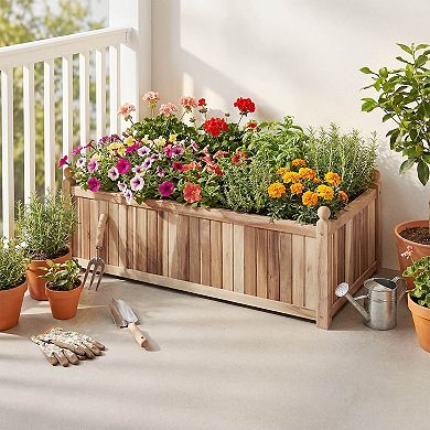 Costway Natural Acacia Wood Rectangular Planter Box with Liner, Drainage, Indoor Outdoor