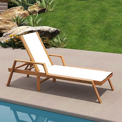 Costway Outdoor Chaise Lounge with Adjustable 5-position Backrest Solid Wood Frame