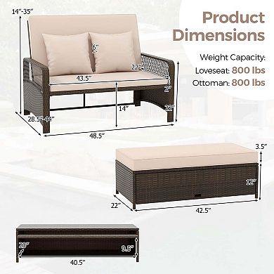 Costway Patio Rattan Daybed Wicker Loveseat Sofa with Multifunctional Ottoman