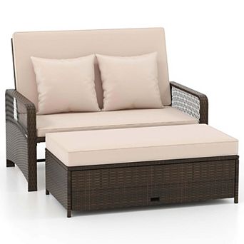 Costway Patio Rattan Daybed Wicker Loveseat Sofa with Multifunctional Ottoman