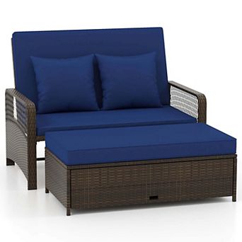Costway Patio Rattan Daybed Wicker Loveseat Sofa with Multifunctional Ottoman