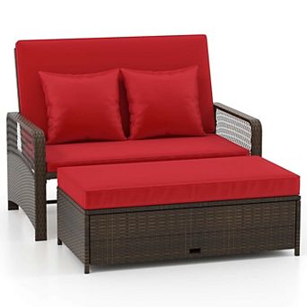 Costway Patio Rattan Daybed Wicker Loveseat Sofa with Multifunctional Ottoman