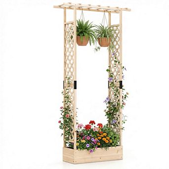 Costway 89” Wooden Raised Garden Bed with Trellis & Hanging Roof, Drainage Holes for Patio