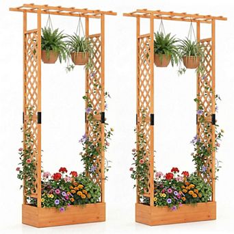 Costway 89” Wooden Raised Garden Bed with Trellis & Hanging Roof, Drainage Holes for Patio