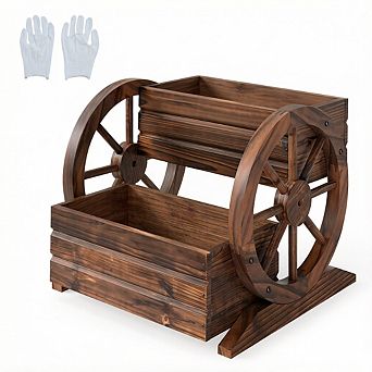 Costway 2 tier Rustic Wagon Planter Box with Drainage Holes&Wheels for Patio Balcony Garden