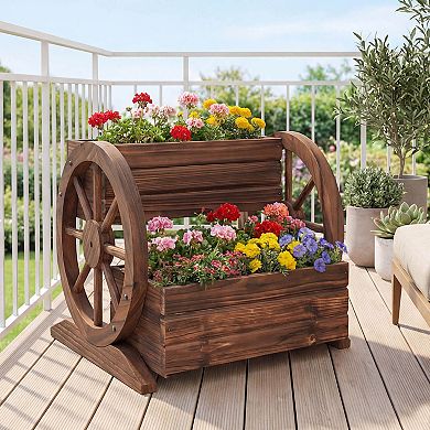 Costway 2-Tier Rustic Wagon Planter Box with Drainage Holes&Wheels for Patio Balcony Garden