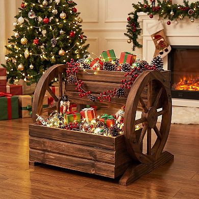 Costway 2-Tier Rustic Wagon Planter Box with Drainage Holes&Wheels for Patio Balcony Garden