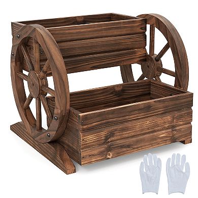 Costway 2-Tier Rustic Wagon Planter Box with Drainage Holes&Wheels for Patio Balcony Garden