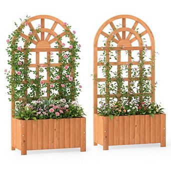 Costway 48” Wooden Raised Garden Bed with Trellis, Drainage Holes for Flowers Vegetables